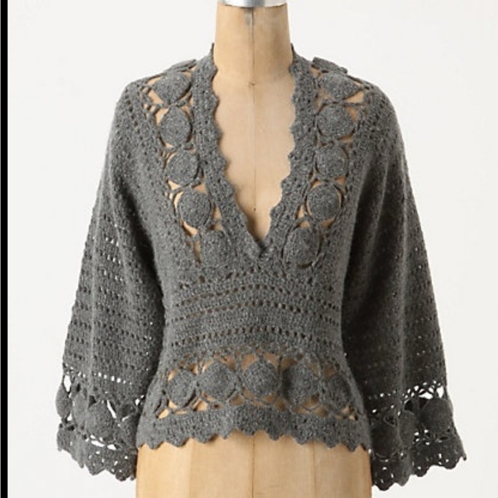 Anthropologie Gray V-Neck Sweater with Lace Details